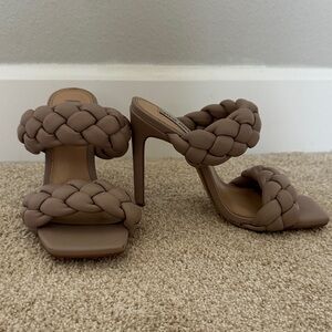 Braided Two-Band High Heel Mules - Taupe